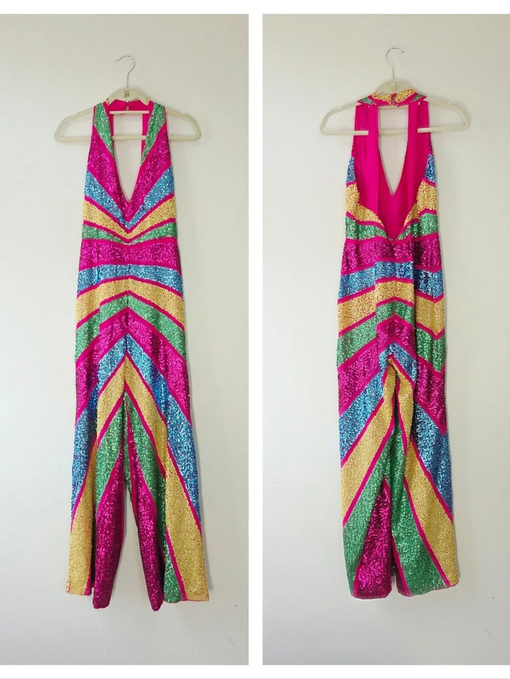 Nasty Gal Sequin Colorblock Plunge Wide Leg Jumpsuit Size 8 - Picture 3 of 5